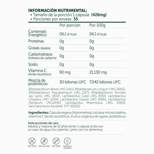 Tabla nutrimental Probióticos 30 Billones 10 cepas e ingredientes Bioflora