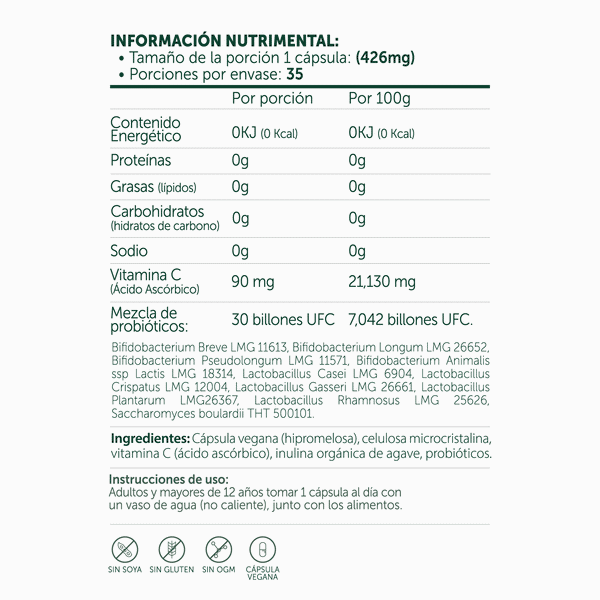 Tabla nutrimental Probióticos 30 Billones 10 cepas e ingredientes Bioflora