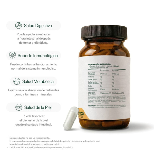 Beneficios Probióticos 30 Billones UFC 60 cápsulas, salud digestiva e inmunológica Bioflora