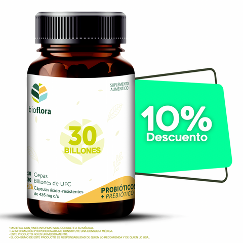 PROMOCIÓN: BIOFLORA / 30 BILLONES - Probióticos y Prebióticos, 35 cap, 10 cepas, 30 billones de UFC