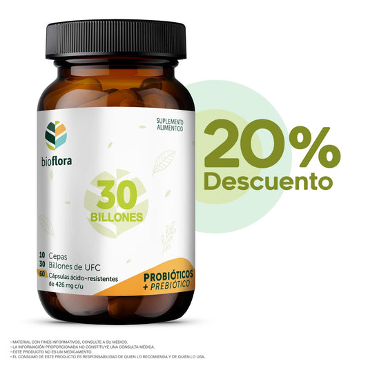PROMOCIÓN: BIOFLORA / 30 BILLONES - Probióticos y Prebióticos, 60 cap, 10 cepas, 30 billones de UFC