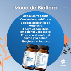 Infografía Mood de Bioflora: 8 cepas probióticas + magnesio, apoya equilibrio emocional, sueño y digestión, cápsulas veganas sin gluten ni lactosa