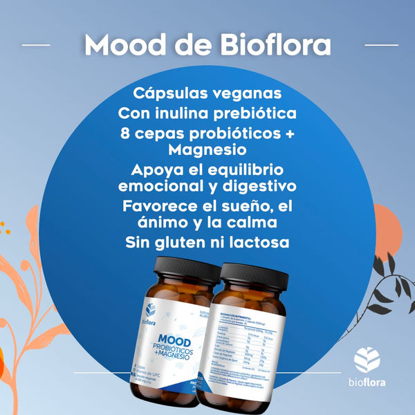 Infografía Mood de Bioflora: 8 cepas probióticas + magnesio, apoya equilibrio emocional, sueño y digestión, cápsulas veganas sin gluten ni lactosa