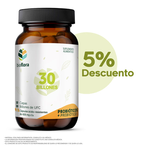 PROMOCIÓN: BIOFLORA / 30 BILLONES - Probióticos y Prebióticos, 60 cap, 10 cepas, 30 billones de UFC